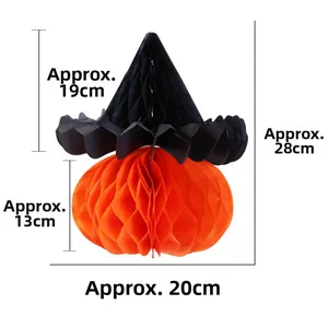 Detail showing dimensions of Halloween honeycomb tissue paper pumpkin witch hat hanging decor