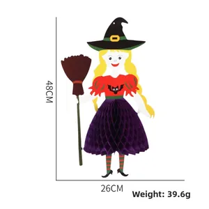 Halloween witch paper honeycomb ornament with size dimensions of 48cm height and 26cm width