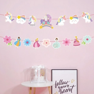 Unicorn and princess theme birthday banners with clouds and castle on pink background