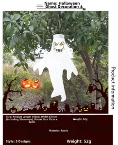 Detail view of Halloween ghost windsock showing 140cm length and 67.5cm width dimensions