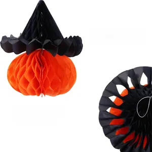 Detailed 3D honeycomb witch hat pumpkin hanging decoration with a durable white string