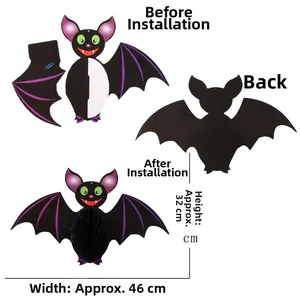 Three views of a Halloween black bat honeycomb pendant showing assembly and 46cm width size