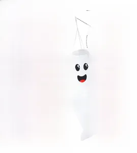 Close-up of Halloween ghost windsocks showing hanging hooks and interior metal frame detail