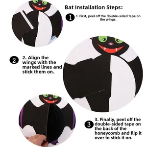 Three-step tutorial for assembling a Halloween bat honeycomb ball pendant with adhesive
