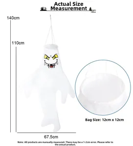Detailed size diagram of Halloween ghost windsock showing 140cm height and fabric texture