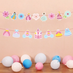 Pink princess party banner set with castle, carriage and matching colorful balloons