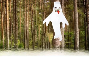 Outdoor Halloween ghost windsock decoration featuring an angry face with red eyes