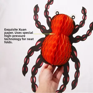 Macro detail of Halloween spider honeycomb decoration with premium rice paper structure