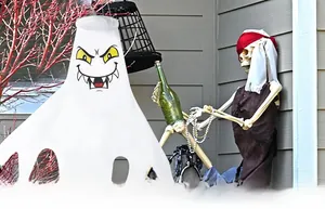 Detail of white Halloween ghost windsock flag with scary face for outdoor yard decoration