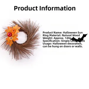 Halloween wreath info showing natural wood branches with maple leaves and pumpkins