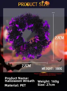 Close-up of a 27cm black Halloween wreath with PET tassels and purple bat decorations
