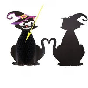 Front and back detail of Halloween black cat honeycomb paper ornament with a wizard hat