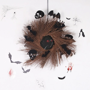Décoration de Couronne Halloween Branches Sèches Naturelles Avec Chauve-Souris Crâne Fantôme Gothique Maison Fête Murale