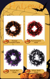 Detail of Halloween tinsel garlands with pumpkin, bat and skull sequins ornaments
