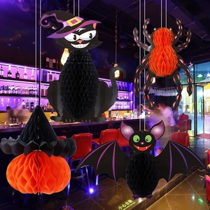 Set of 4 Halloween honeycomb decorations featuring black cat, spider, bat, and pumpkin shapes