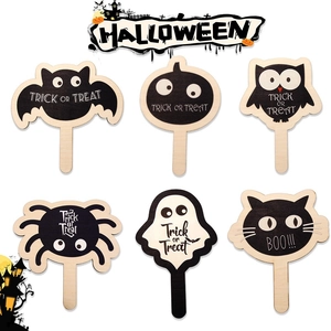Halloween Party Wooden Handheld Signs Photo Booth Props Ghost Pumpkin Owl Bat Spider Cartoon Character Decorative Stick Signs