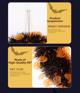 Detail of Halloween tassel garland featuring black tinsel and orange pumpkin sequins