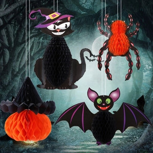 Halloween tissue paper honeycomb decorations set with black cat, spider, pumpkin and bat