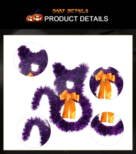 Detailed views of purple tinsel cat wreath with orange bow for Halloween decor