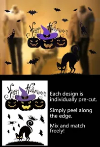 Detail showing Halloween static stickers with pumpkins, black cats, and bat motifs on glass