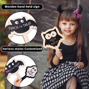 Halloween wooden handheld photo props featuring ghost, owl and bat shapes for party fun