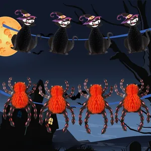 Halloween hanging decorations featuring black cat and spider paper honeycomb balls for party