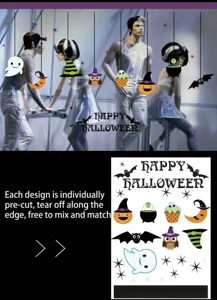 Detail of Halloween window stickers featuring pumpkin, bat and ghost for DIY decoration