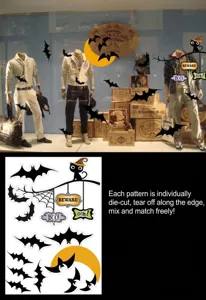 Detailed Halloween window decals set with black bats, cats, moon and spooky elements
