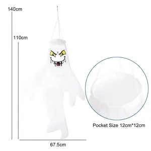 Halloween ghost windsock for garden decor featuring white fabric with yellow fangs and eyes