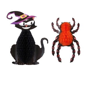 Halloween black cat and spider honeycomb paper decorations for festive party atmosphere