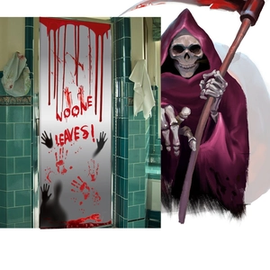 Autocollants de fenêtre Halloween avec empreintes ensanglantées et slogan NO ONE LEAVES