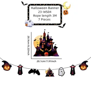 Halloween party banner dimensions detail featuring 3M string length and castle cutout size