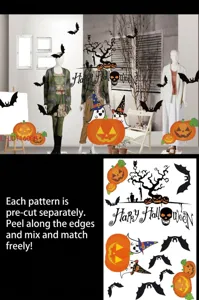Detail view of Halloween static window decals featuring pumpkins, bats, and ghosts
