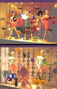 Detail of Halloween party window stickers featuring cartoon ghosts, black cats and pumpkins