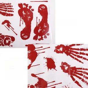 Macro detail of realistic red Halloween blood handprint and footprint static window stickers