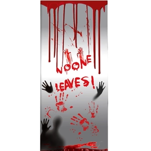 Sticker de porte Halloween avec texte NO ONE LEAVES et empreintes de mains sanglantes