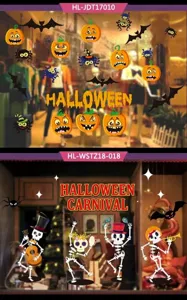Detail view of Halloween window stickers featuring cartoon pumpkins, skeletons and bats
