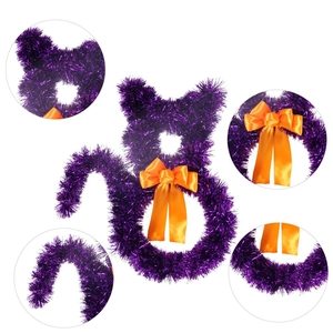 Halloween cat shaped purple tinsel wreath with orange bow tie for door decoration