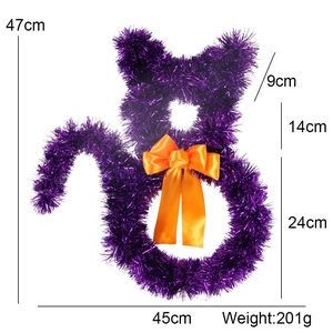 Halloween purple cat-shaped tinsel wreath with orange bow, 47x45cm size specifications
