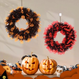 Halloween wreath with orange and black pumpkin sequins for festive home party decoration