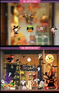 Detail of Halloween window stickers showing cute witch, black cat and pumpkin designs