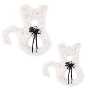 Two-pack white fluffy cat-shaped Halloween wreaths with elegant black ribbon bows