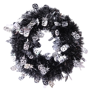 Halloween black tinsel wreath with silver skull sequins for party decoration