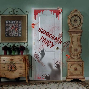 Stickers de porte Halloween avec texte Bloodbath Party et empreintes de mains sanglantes