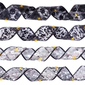 Detail view of Halloween LED ribbon with skull and spider web patterns on mesh fabric
