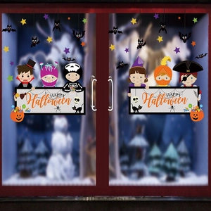 Halloween glass window stickers featuring cartoon vampires, pumpkins, and spooky characters