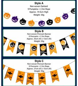 Detailed size and weight specs for Halloween non-woven pumpkin and bat banner sets