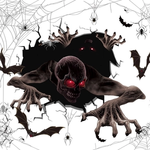 Sticker Halloween squelette aux yeux rouges avec chauves-souris pour décor de fenêtre