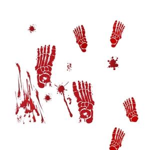 Detail view of bloody handprint and footprint static stickers for Halloween window decor