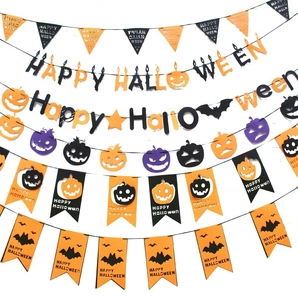 Detailed set of Happy Halloween non-woven banners with pumpkin and bat hanging decorations